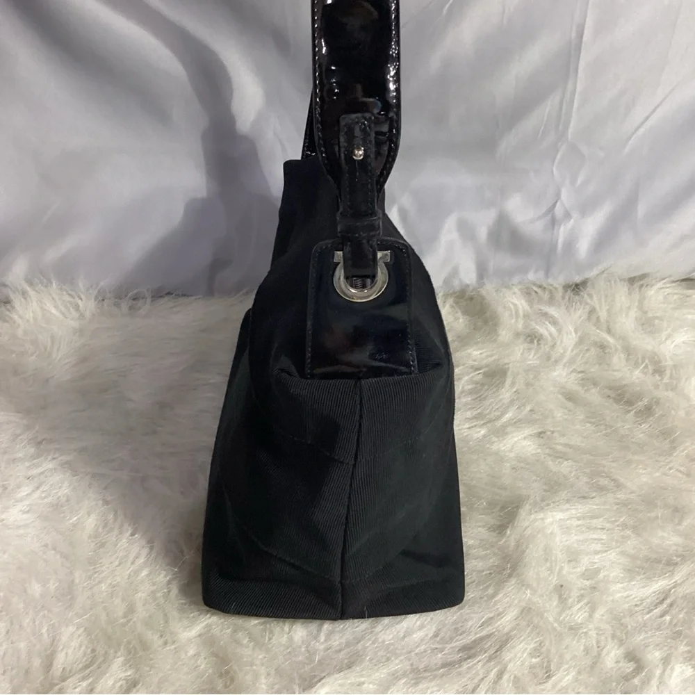 SOLD……..Salvatore Ferragamo Small Black Canvas Patent Leather Shoulder Bag VGUC - Picture 5 of 11